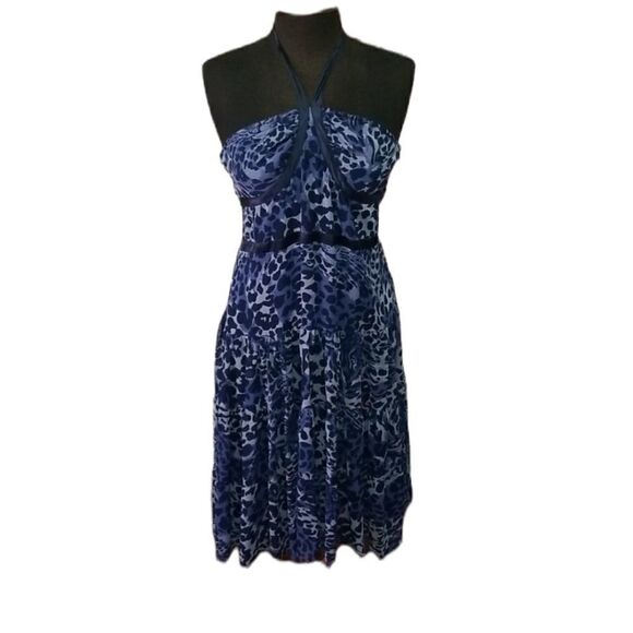 BCBG Blue Animal Print  Halter Back Dress size  Small - Picture 1 of 11